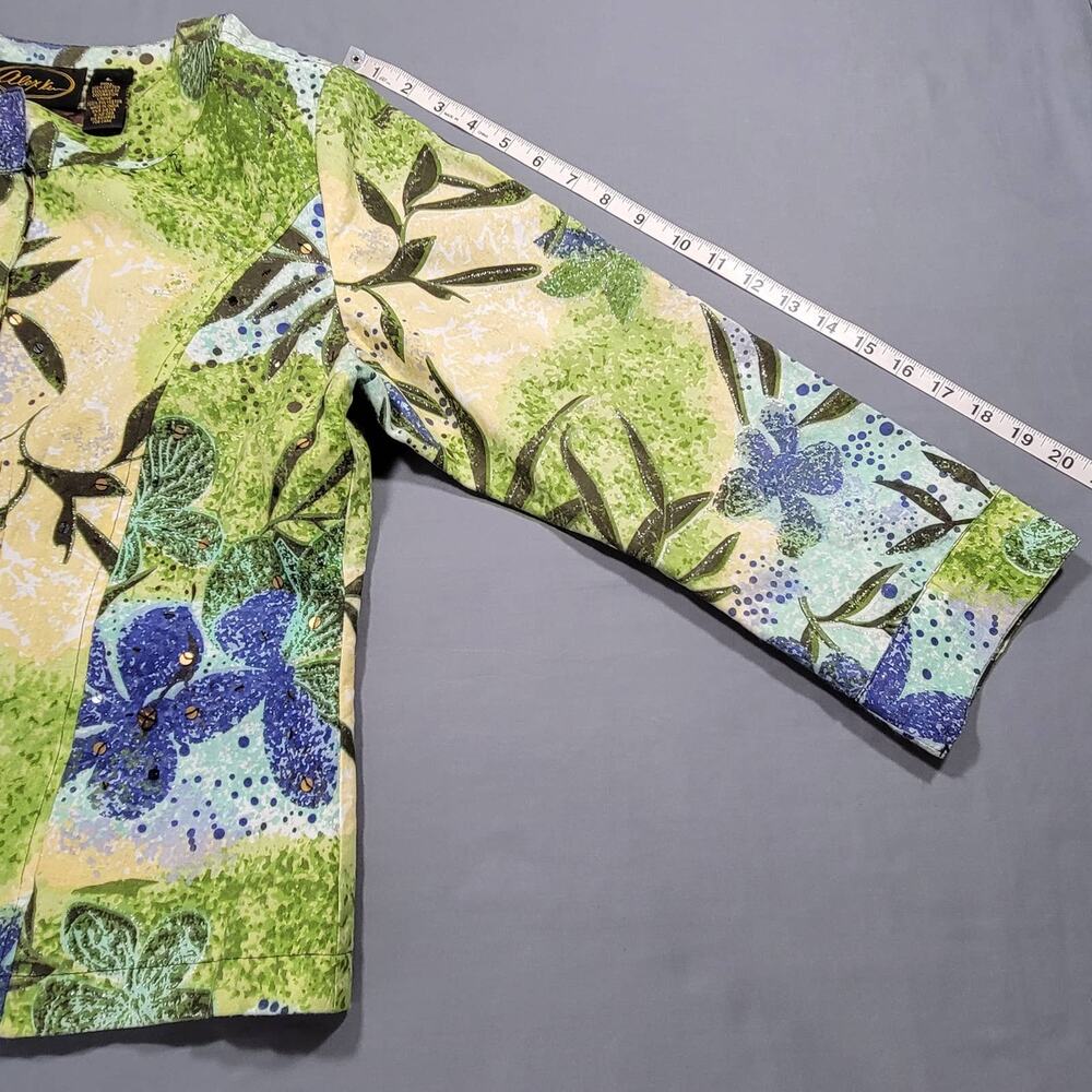 Alex Kim Blue Yellow Floral Lightweight Jacket Long Sleeve Sequins Snaps Women L - Picture 9 of 13